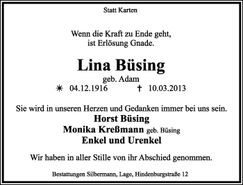 Anzeige  Lina Büsing  Lippische Landes-Zeitung