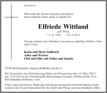 Anzeige  Elfriede Wittland  Lippische Landes-Zeitung