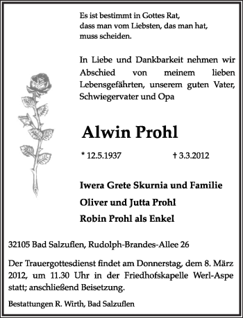 Anzeige  Alwin Prohl  Lippische Landes-Zeitung