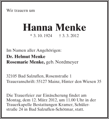 Anzeige  Hanna Menke  Lippische Landes-Zeitung