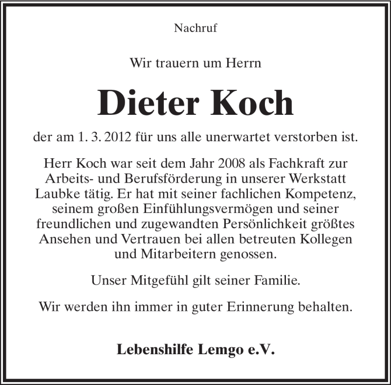  Traueranzeige für Dieter Koch vom 07.03.2012 aus Lippische Landes-Zeitung