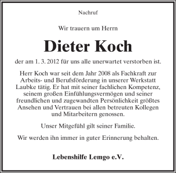 Anzeige  Dieter Koch  Lippische Landes-Zeitung