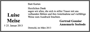 Anzeige  Luise Meise  Lippische Landes-Zeitung