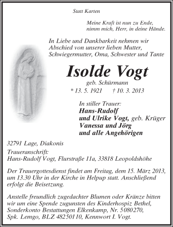 Anzeige  Isolde Vogt  Lippische Landes-Zeitung