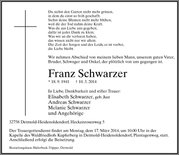 Anzeige  Franz Schwarzer  Lippische Landes-Zeitung