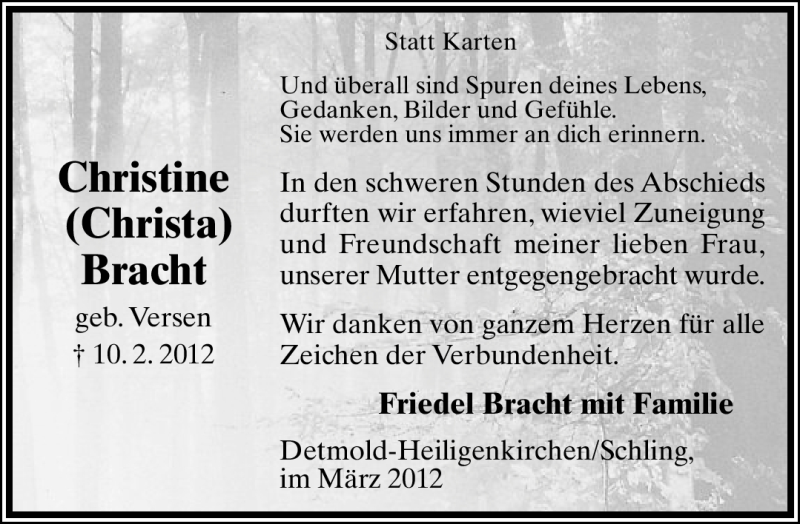  Traueranzeige für Christine Bracht vom 10.03.2012 aus Lippische Landes-Zeitung