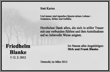 Anzeige  Friedhelm Blanke  Lippische Landes-Zeitung