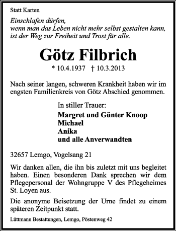 Anzeige  Götz Filbrich  Lippische Landes-Zeitung