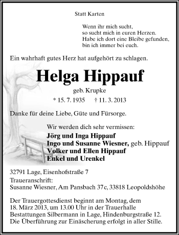 Anzeige  Helga Hippauf  Lippische Landes-Zeitung