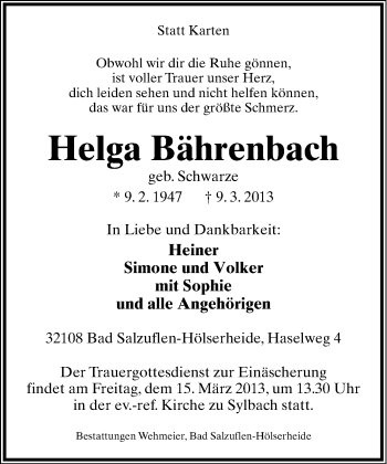 Anzeige  Helga Bährenbach  Lippische Landes-Zeitung