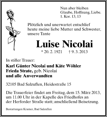 Anzeige  Luise Nicolai  Lippische Landes-Zeitung
