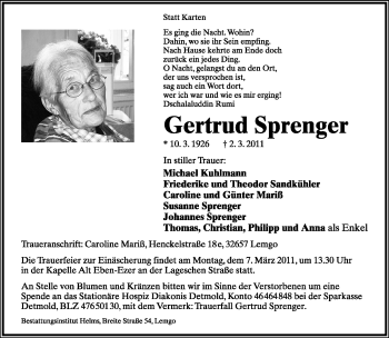 Anzeige  Gertrud Sprenger  Lippische Landes-Zeitung