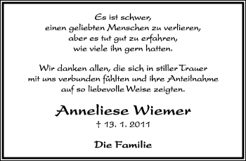 Anzeige  Anneliese Wiemer  Lippische Landes-Zeitung