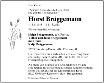 Anzeige  Horst Brüggemann  Lippische Landes-Zeitung