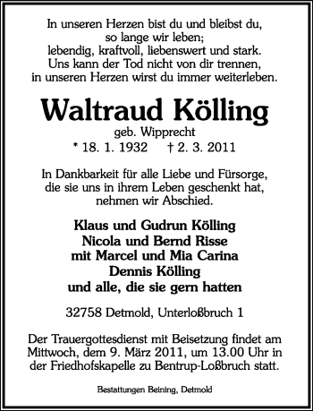 Anzeige  Waltraud Kölling  Lippische Landes-Zeitung