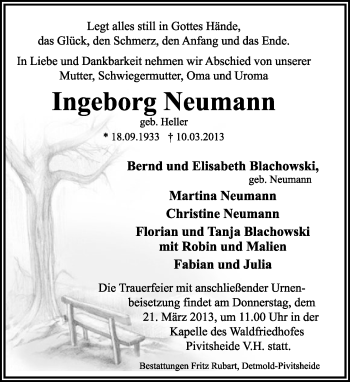 Anzeige  Ingeborg Neumann  Lippische Landes-Zeitung