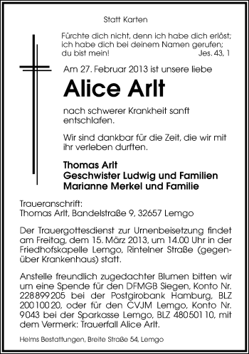 Anzeige  Alice Arlt  Lippische Landes-Zeitung