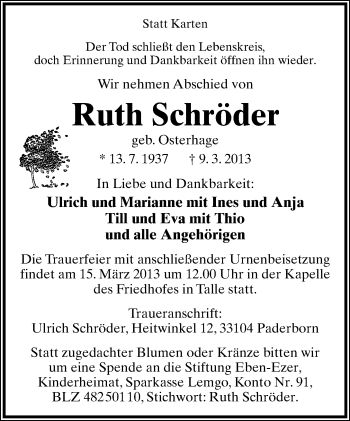 Anzeige  Ruth Schröder  Lippische Landes-Zeitung