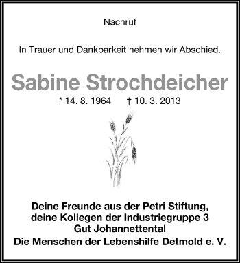 Anzeige  Sabine Strochdeicher  Lippische Landes-Zeitung