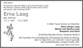 Anzeige  Erna Laag  Lippische Landes-Zeitung