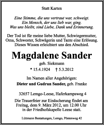 Anzeige  Magdalene Sander  Lippische Landes-Zeitung