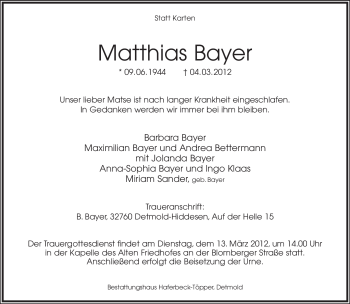 Anzeige  Matthias Bayer  Lippische Landes-Zeitung