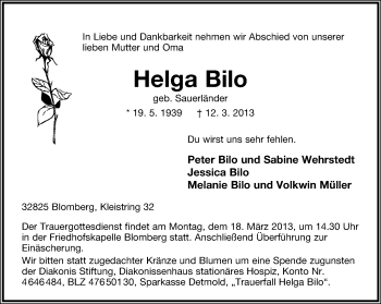 Anzeige  Helga Bilo  Lippische Landes-Zeitung