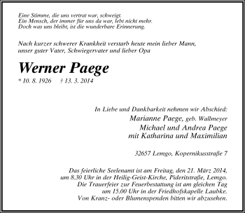 Anzeige  Werner Paege  Lippische Landes-Zeitung