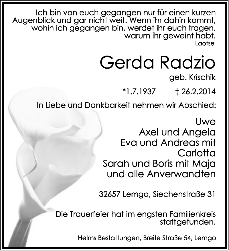  Traueranzeige für Gerda Radzio vom 15.03.2014 aus Lippische Landes-Zeitung