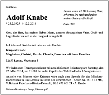 Anzeige  Adolf Knabe  Lippische Landes-Zeitung