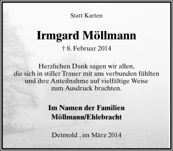Anzeige  Irmgard Möllmann  Lippische Landes-Zeitung