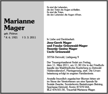 Anzeige  Marianne Mager  Lippische Landes-Zeitung