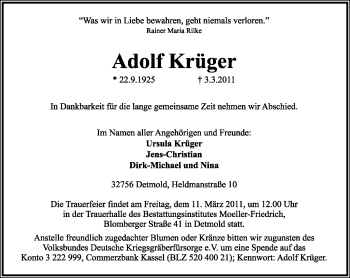 Anzeige  Adolf Krüger  Lippische Landes-Zeitung