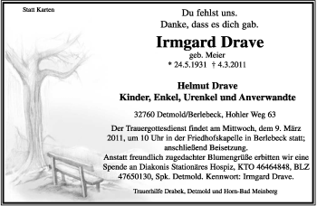 Anzeige  Irmgard Drave  Lippische Landes-Zeitung