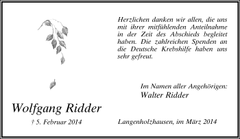 Anzeige  Wolfgang Ridder  Lippische Landes-Zeitung