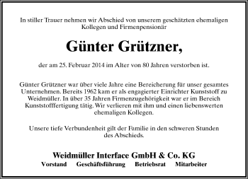 Anzeige  Günter Grützner  Lippische Landes-Zeitung