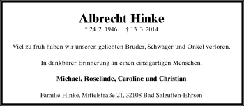 Anzeige  Albrecht Hinke  Lippische Landes-Zeitung