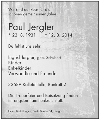 Anzeige  Paul Jergler  Lippische Landes-Zeitung