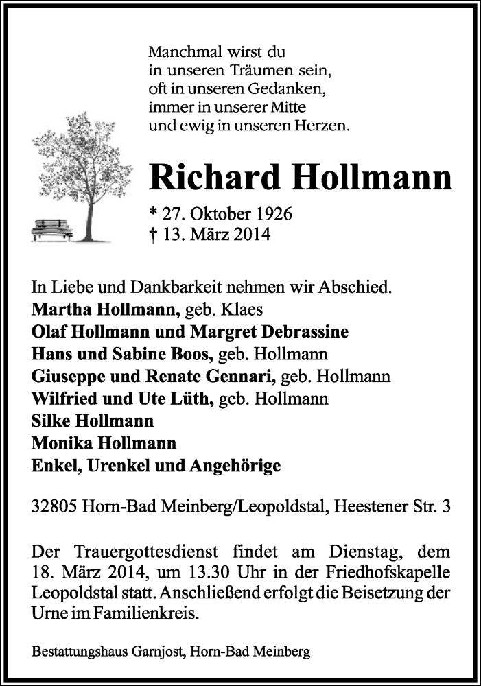 Traueranzeige für Richard Hollmann vom 15.03.2014 aus Lippische Landes-Zeitung