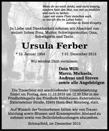 Anzeige  Ursula Ferber  Lippische Landes-Zeitung