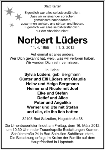 Anzeige  Norbert Lüders  Lippische Landes-Zeitung