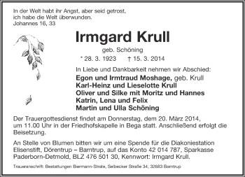 Anzeige  Irmgard Krull  Lippische Landes-Zeitung