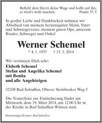 Anzeige  Werner Schemel  Lippische Landes-Zeitung