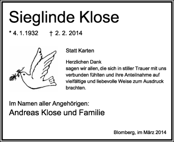 Anzeige  Sieglinde Klose  Lippische Landes-Zeitung