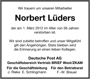Anzeige  Norbert Lüders  Lippische Landes-Zeitung