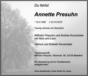 Anzeige  Annette Presuhn  Lippische Landes-Zeitung