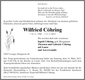 Anzeige  Wilfried Cöhring  Lippische Landes-Zeitung