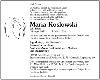 Anzeige  Maria Koslowski  Lippische Landes-Zeitung