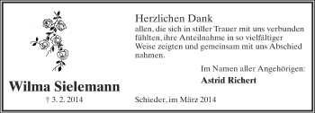 Anzeige  Wilma Sielemann  Lippische Landes-Zeitung