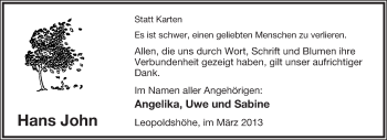 Anzeige  Hans John  Lippische Landes-Zeitung